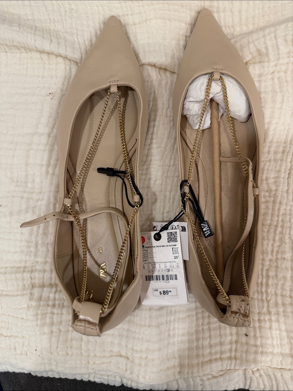 Zara Nude Pointed-Toe Flats with Gold Chain Strap